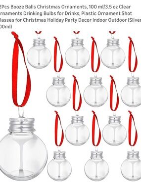 🆕 Clear Glass Booze Ball Ornaments with Red Hanging Ribbons (12 Pack), 100ml